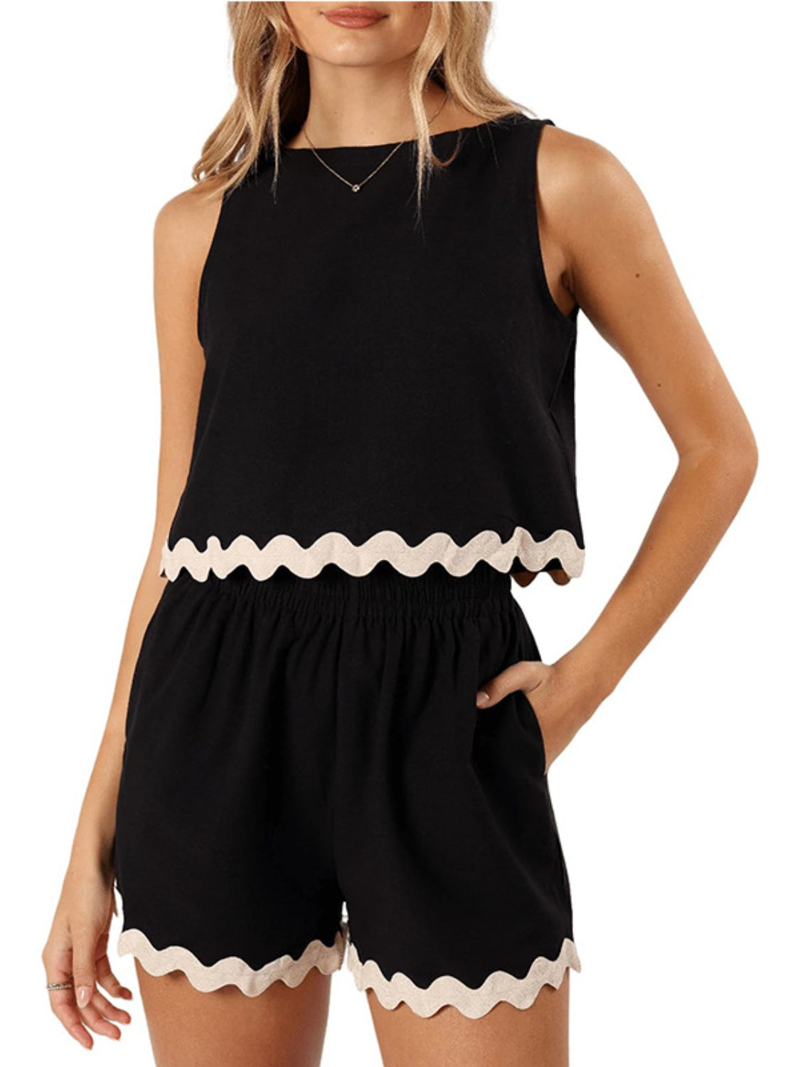 Whoopsie Daisy-Contrast Trim Round Neck Top and Shorts Set-Whoopsie Daisy