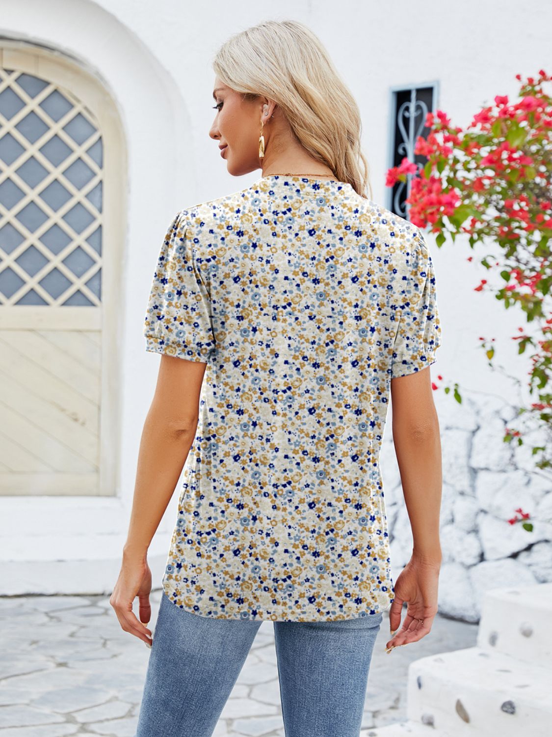 Whoopsie Daisy-Ruched Printed Notched Short Sleeve Blouse-Whoopsie Daisy