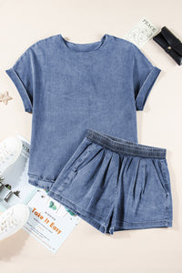 Whoopsie Daisy-Round Neck Short Sleeve Top and Shorts Denim Set-Whoopsie Daisy