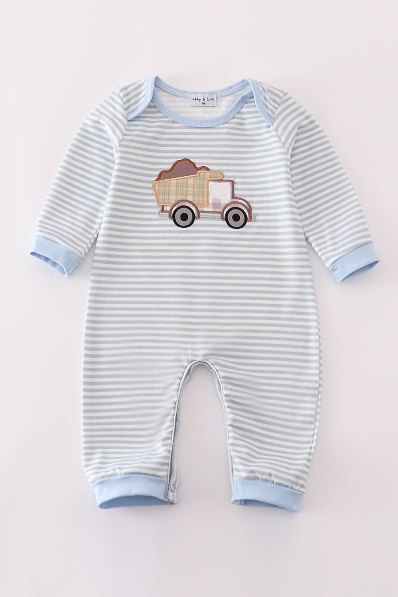 Blue stripe muck car applique boy romper