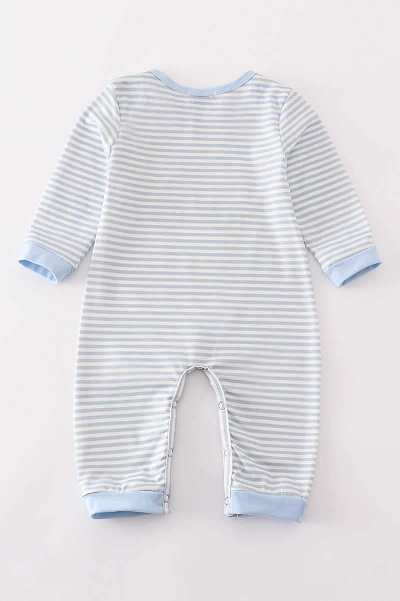 Blue stripe muck car applique boy romper