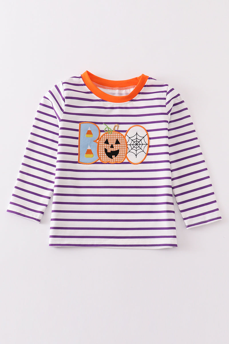 Purple stripe BOO applique boy top