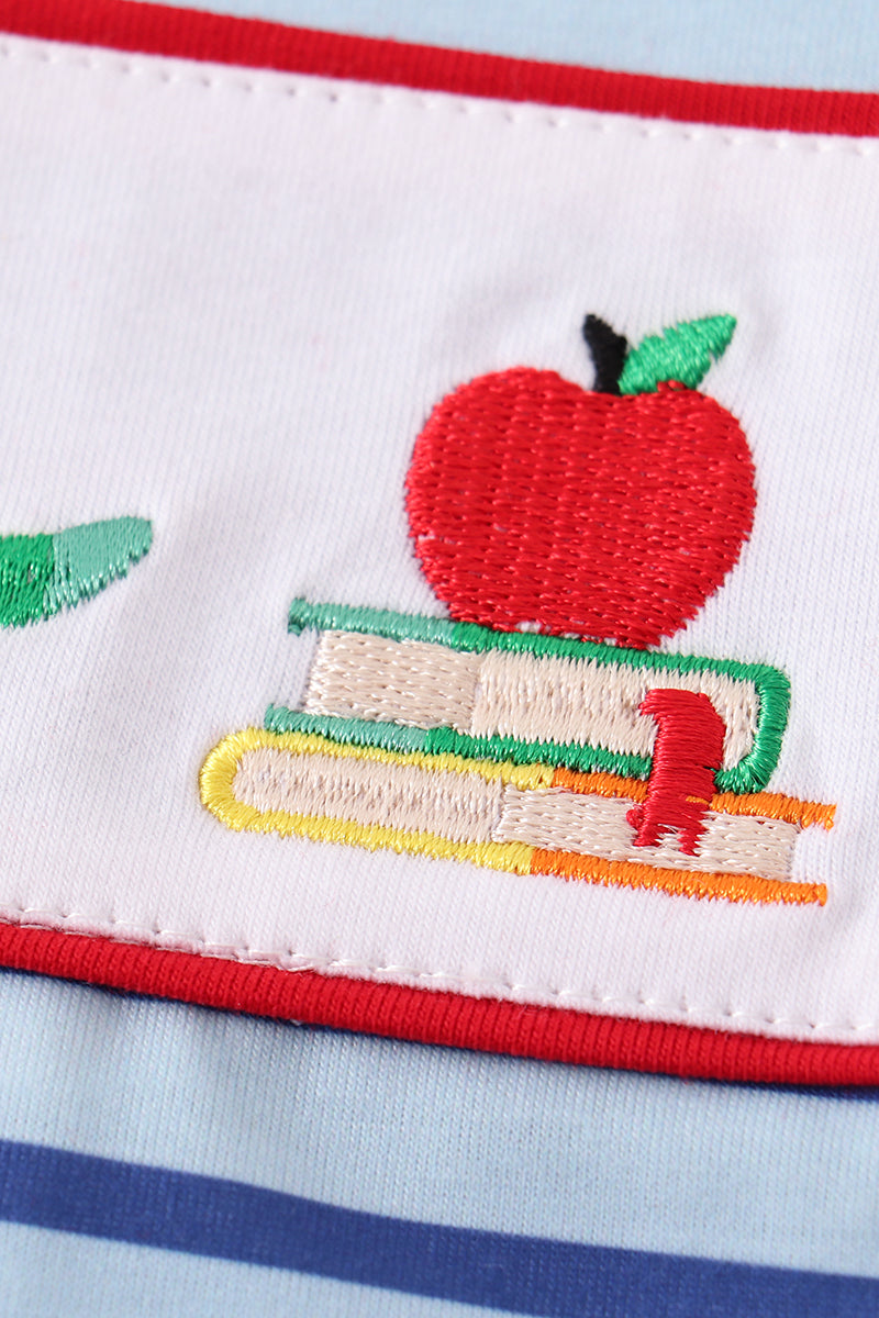 Blue stripe back to school embroidery boy bubble