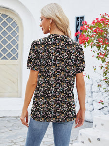 Whoopsie Daisy-Ruched Printed Notched Short Sleeve Blouse-Whoopsie Daisy