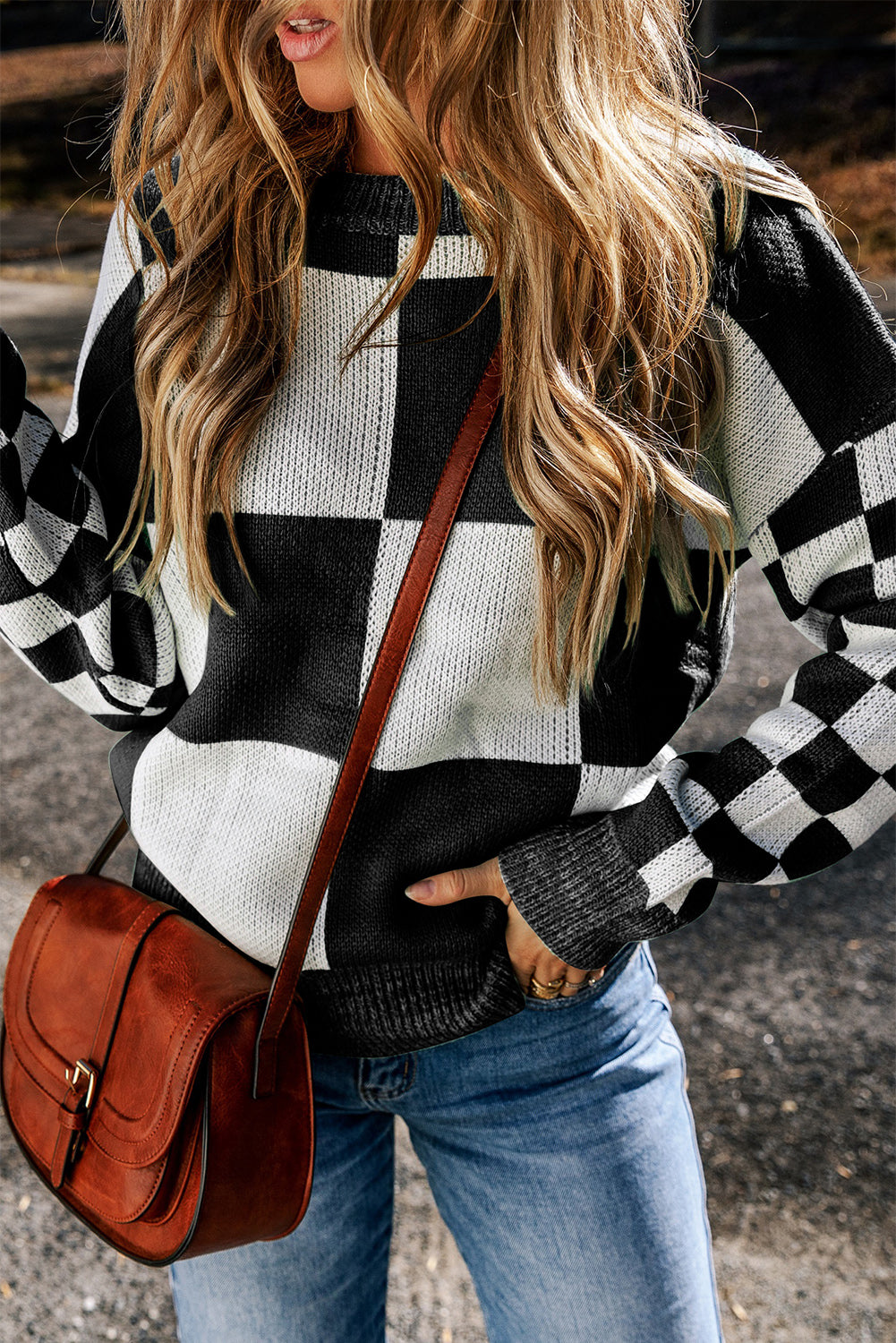 Checkered Round Neck Drop Shoulder Sweater