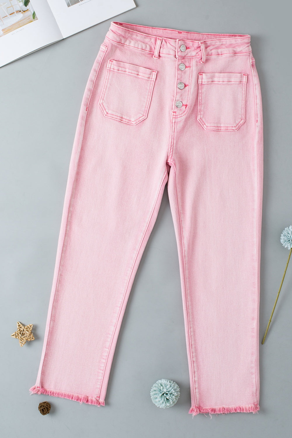 Whoopsie Daisy-Raw Hem Button-Fly Jeans with Pockets-Whoopsie Daisy