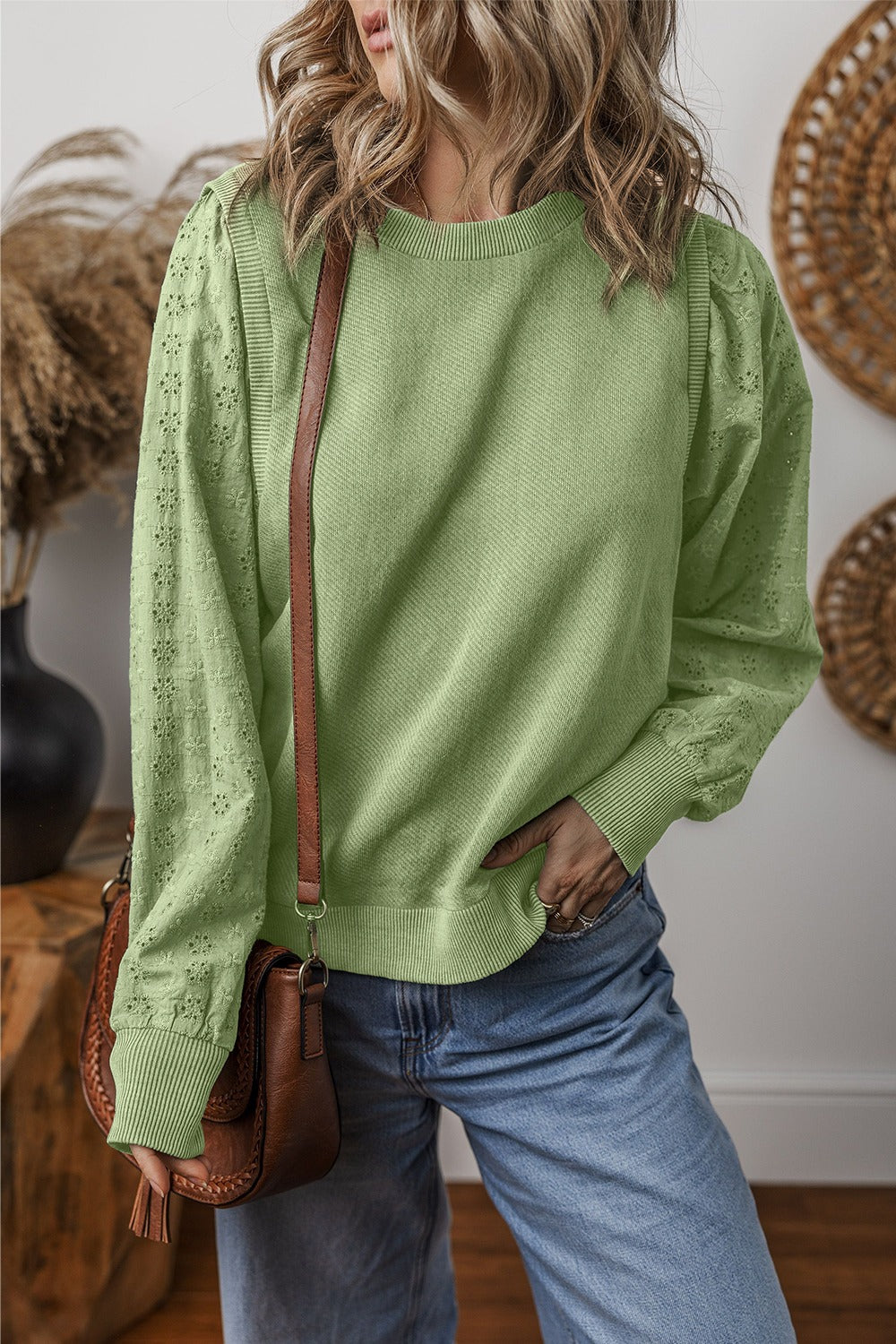 Eyelet Round Neck Long Sleeve Sweatshirt