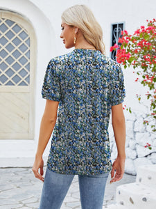 Whoopsie Daisy-Ruched Printed Notched Short Sleeve Blouse-Whoopsie Daisy