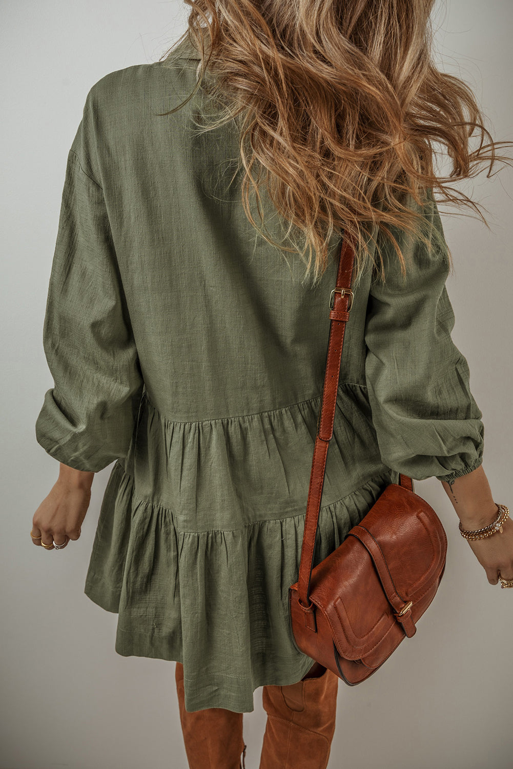 Tiered Collared Neck Balloon Sleeve Shirt Dress