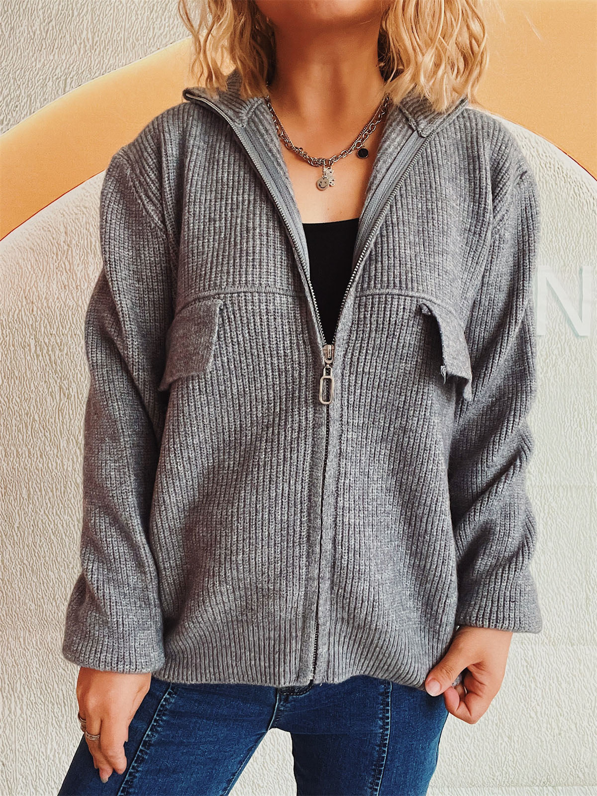 Zip Up Collared Neck Long Sleeve Cardigan