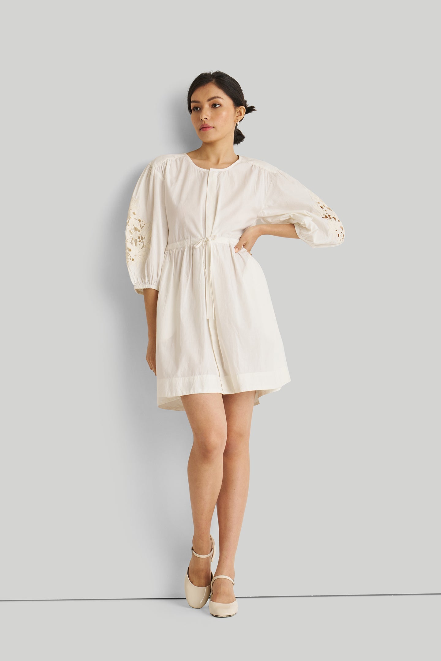 Reistor-Reistor Shirt Dress with Balloon Sleeves in White-Whoopsie Daisy