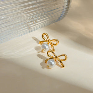 Whoopsie Daisy-Stainless Steel Bow Pearl Earrings-Whoopsie Daisy