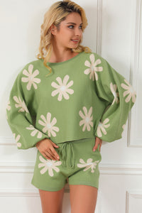 Whoopsie Daisy-Flower Pattern Long Sleeve Sweater and Drawstring Shorts Set-Whoopsie Daisy