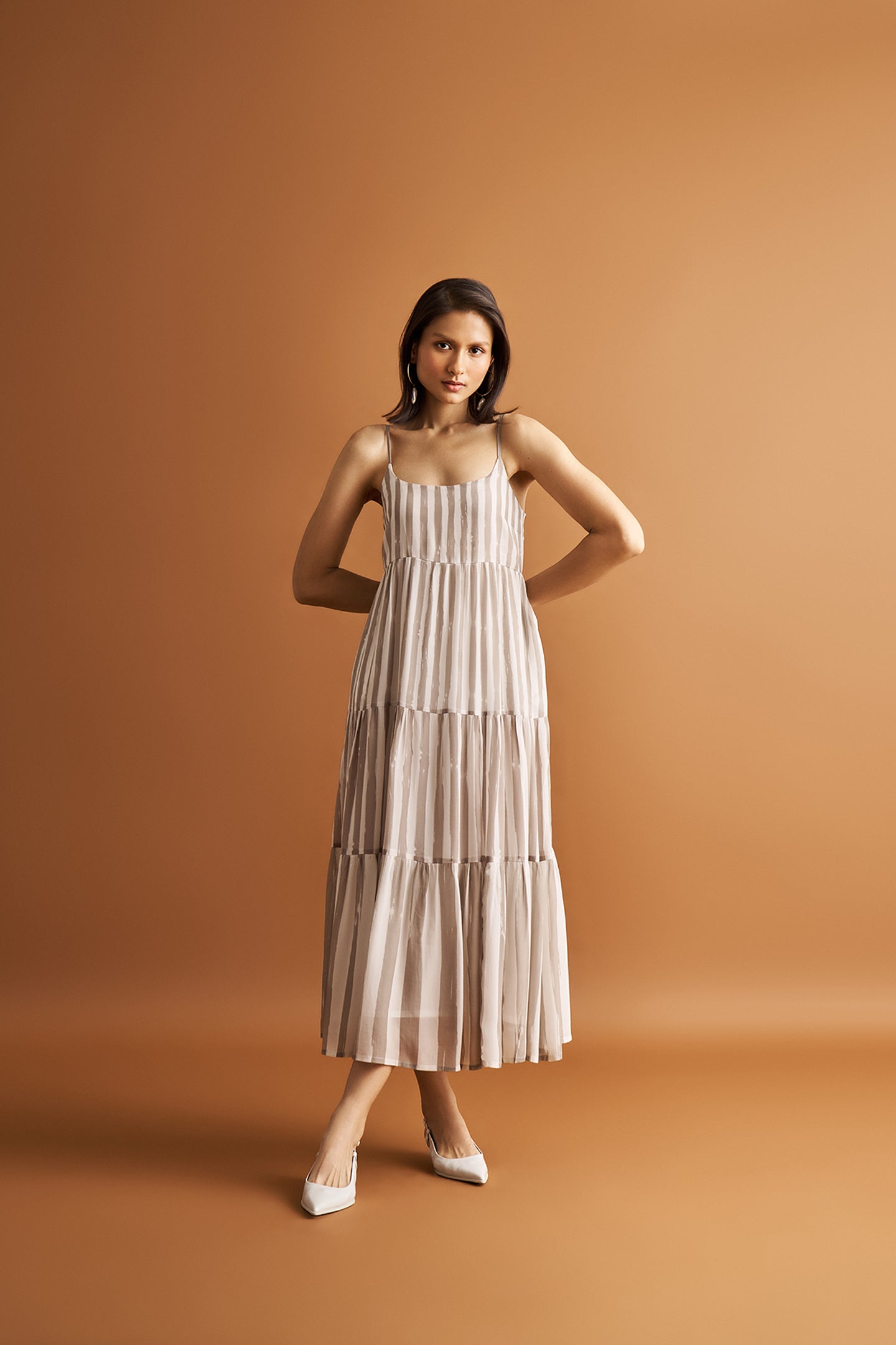 Reistor-Reistor Strappy Tiered Maxi Dress in Beige Stripes-Whoopsie Daisy