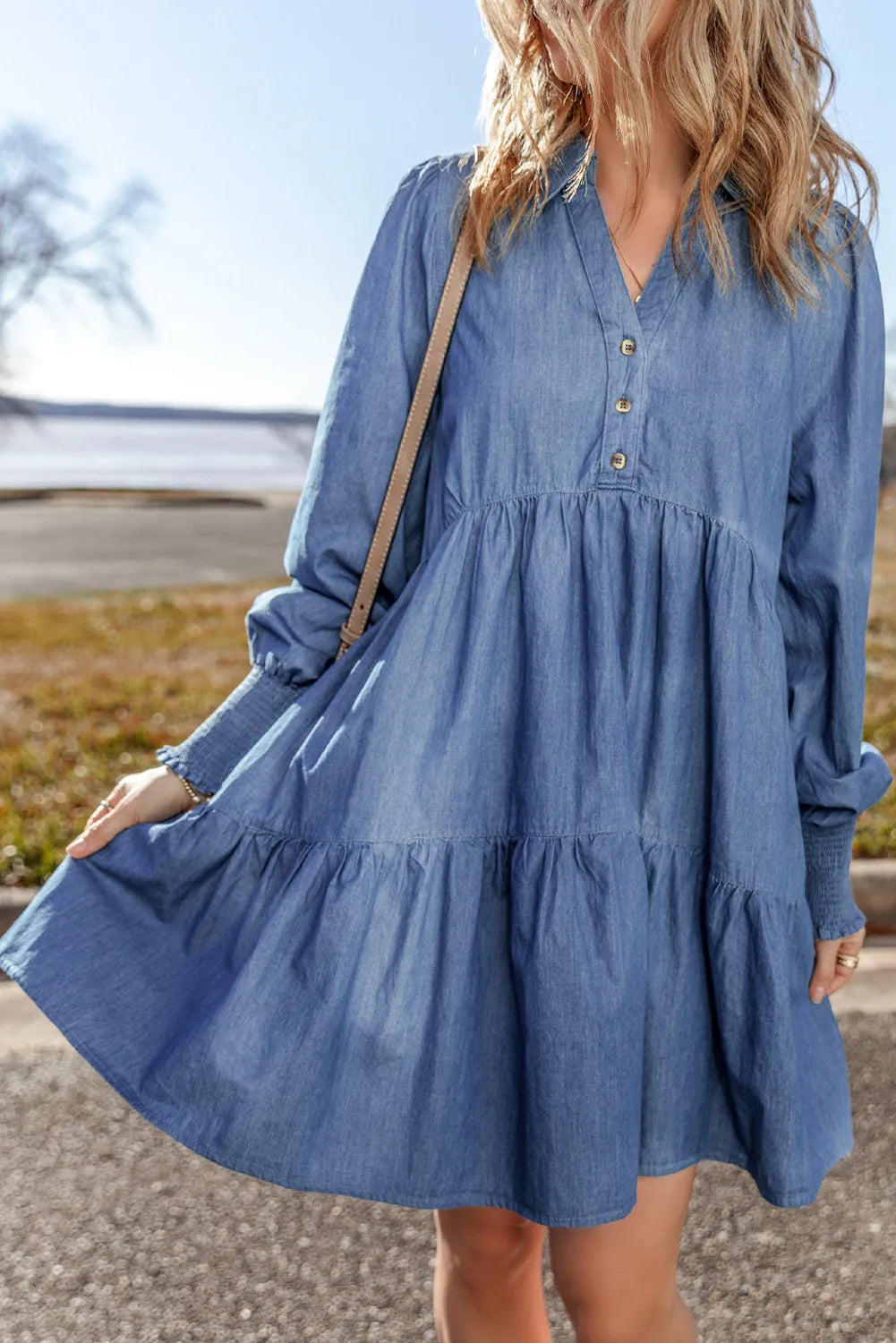 Tiered Johnny Collar Long Sleeve Denim Dress