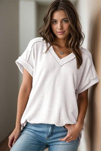 Whoopsie Daisy-Textured V-Neck Short Sleeve Top-Whoopsie Daisy