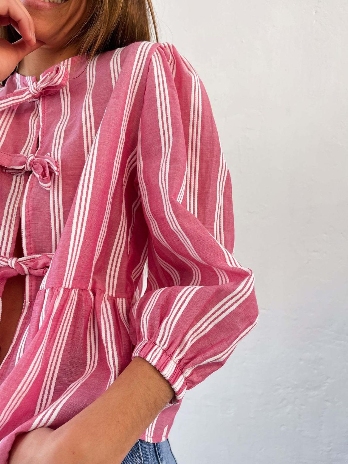 Tied Round Neck Balloon Sleeve Shirt