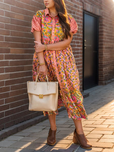 Whoopsie Daisy-Printed Collared Neck Short Sleeve Midi Dress-Whoopsie Daisy