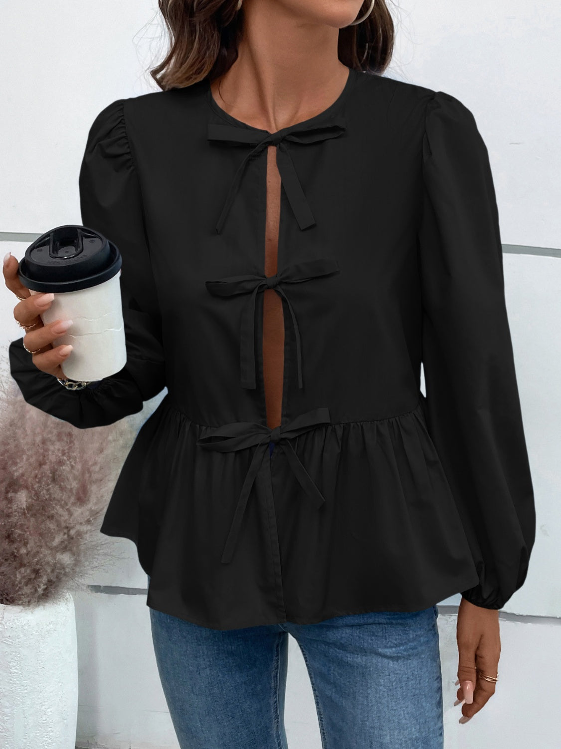 Peplum Tied Long Sleeve Blouse