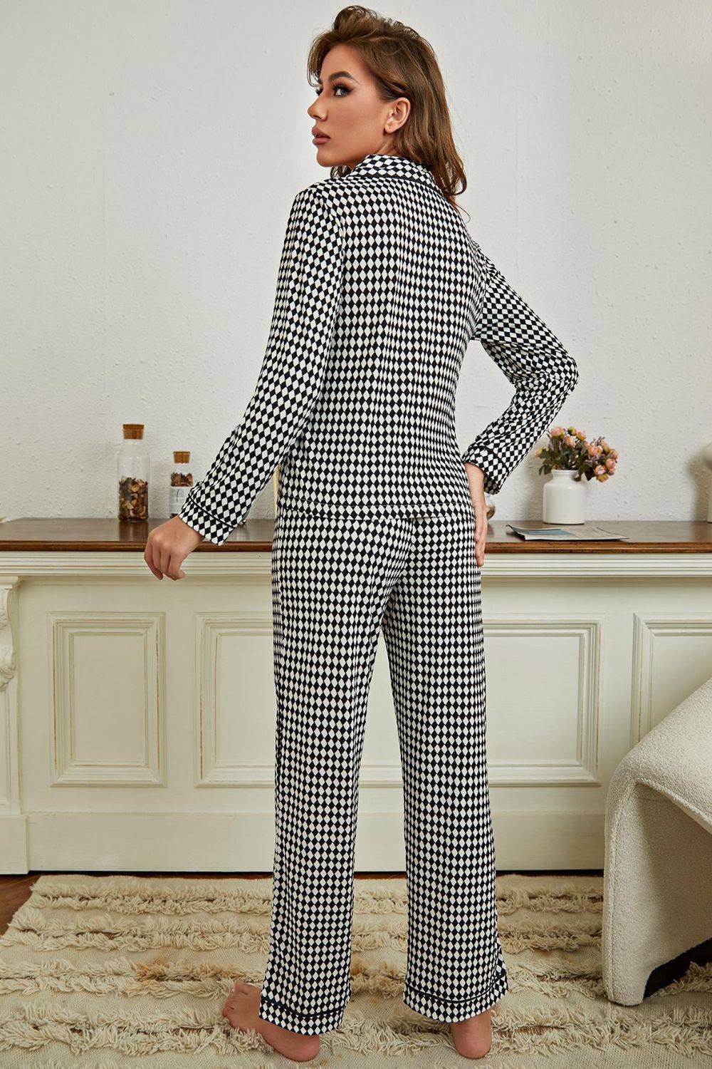 Whoopsie Daisy-Checkered Button Front Top and Pants Loungewear Set-Whoopsie Daisy