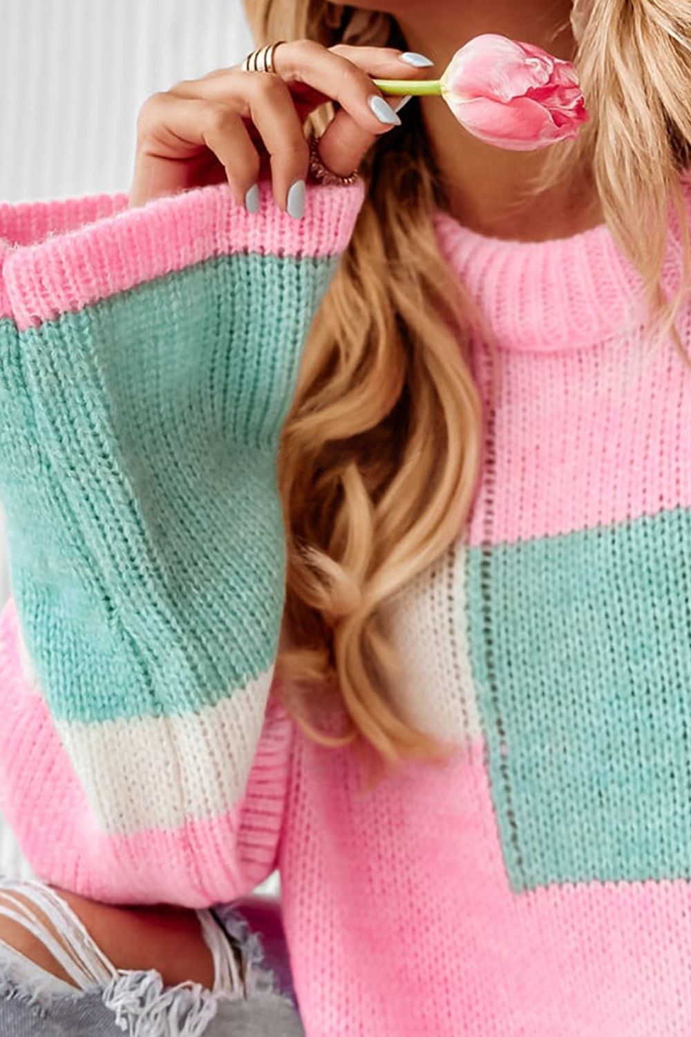 Color Block Round Neck Drop Shoulder Sweater