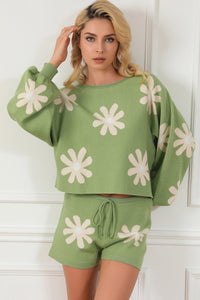 Whoopsie Daisy-Flower Pattern Long Sleeve Sweater and Drawstring Shorts Set-Whoopsie Daisy