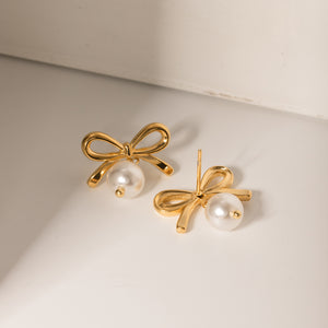 Whoopsie Daisy-Stainless Steel Bow Pearl Earrings-Whoopsie Daisy