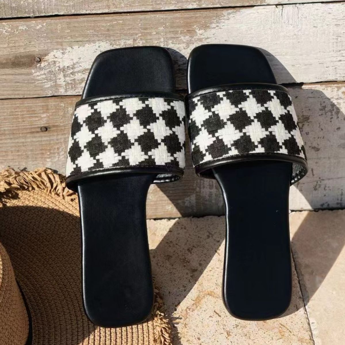 Whoopsie Daisy-Plaid Open Toe Flat Sandals-Whoopsie Daisy