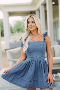 Whoopsie Daisy-Square Neck Tie Shoulder Denim Dress-Whoopsie Daisy