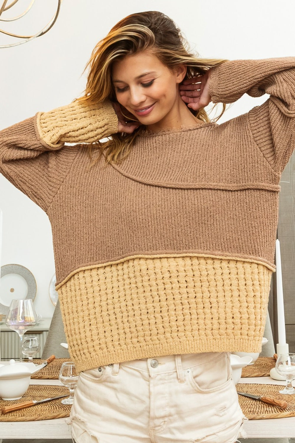 Whoopsie Daisy-BiBi Texture Detail Contrast Drop Shoulder Sweater-Whoopsie Daisy