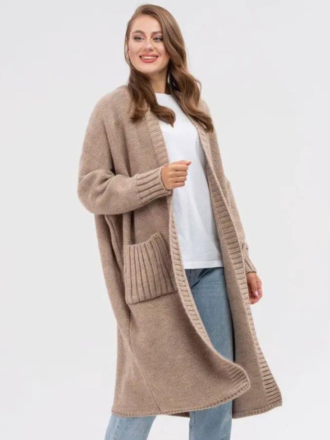 Pocketed Open Front Long Sleeve Longline Cardigan Khaki One Size