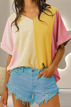 Whoopsie Daisy-Color Block V-Neck Half Sleeve Shirt-Whoopsie Daisy