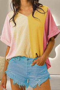 Whoopsie Daisy-Color Block V-Neck Half Sleeve Shirt-Whoopsie Daisy