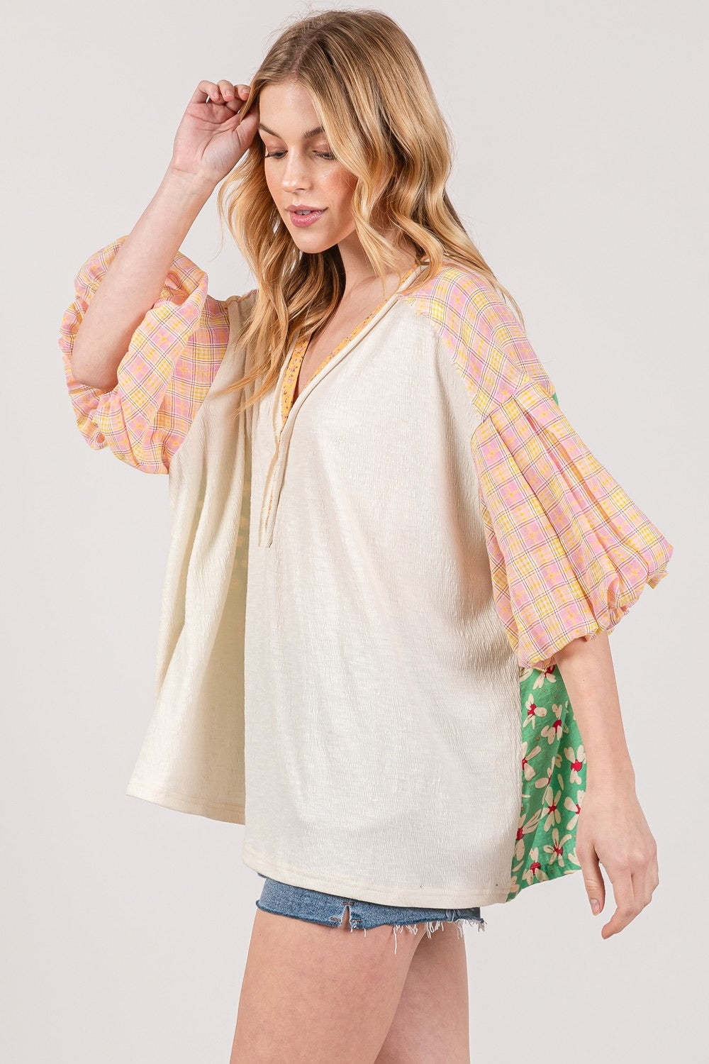 Whoopsie Daisy-SAGE + FIG Color Block Bubble Sleeve Top-Whoopsie Daisy