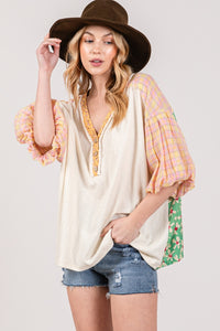 Whoopsie Daisy-SAGE + FIG Color Block Bubble Sleeve Top-Whoopsie Daisy