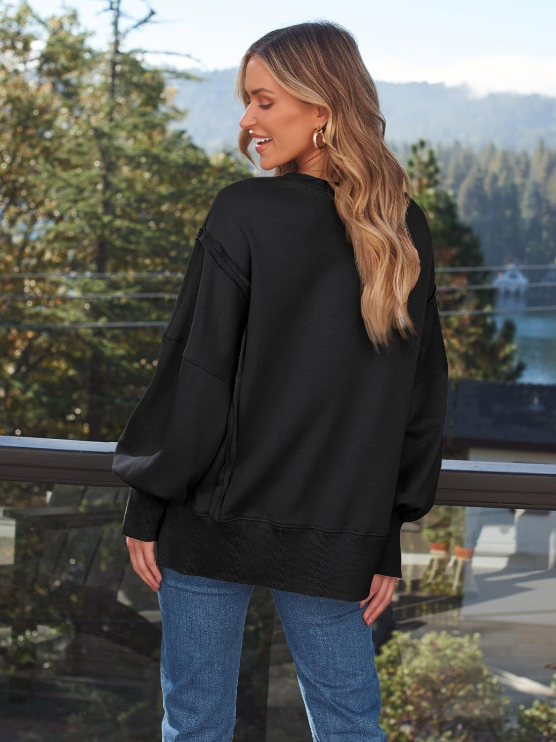 Slit Round Neck Long Sleeve Sweatshirt