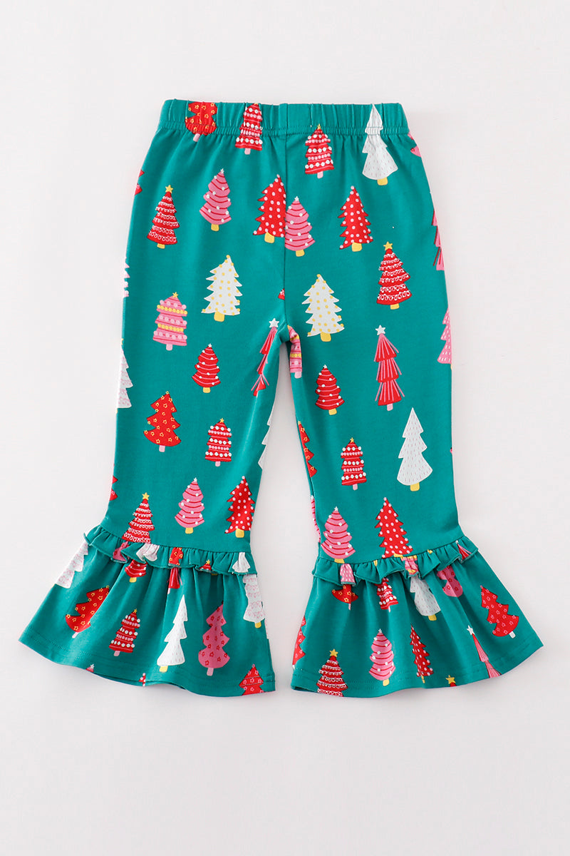 Green christmas tree print ruffle pants