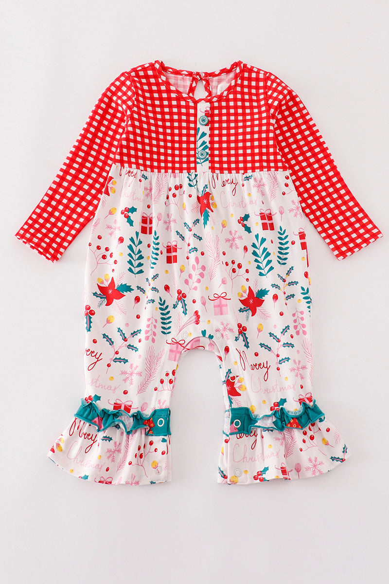 Red christmas plaid ruffle girl romper