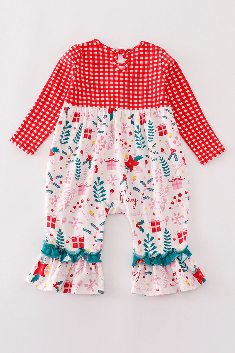 Red christmas plaid ruffle girl romper