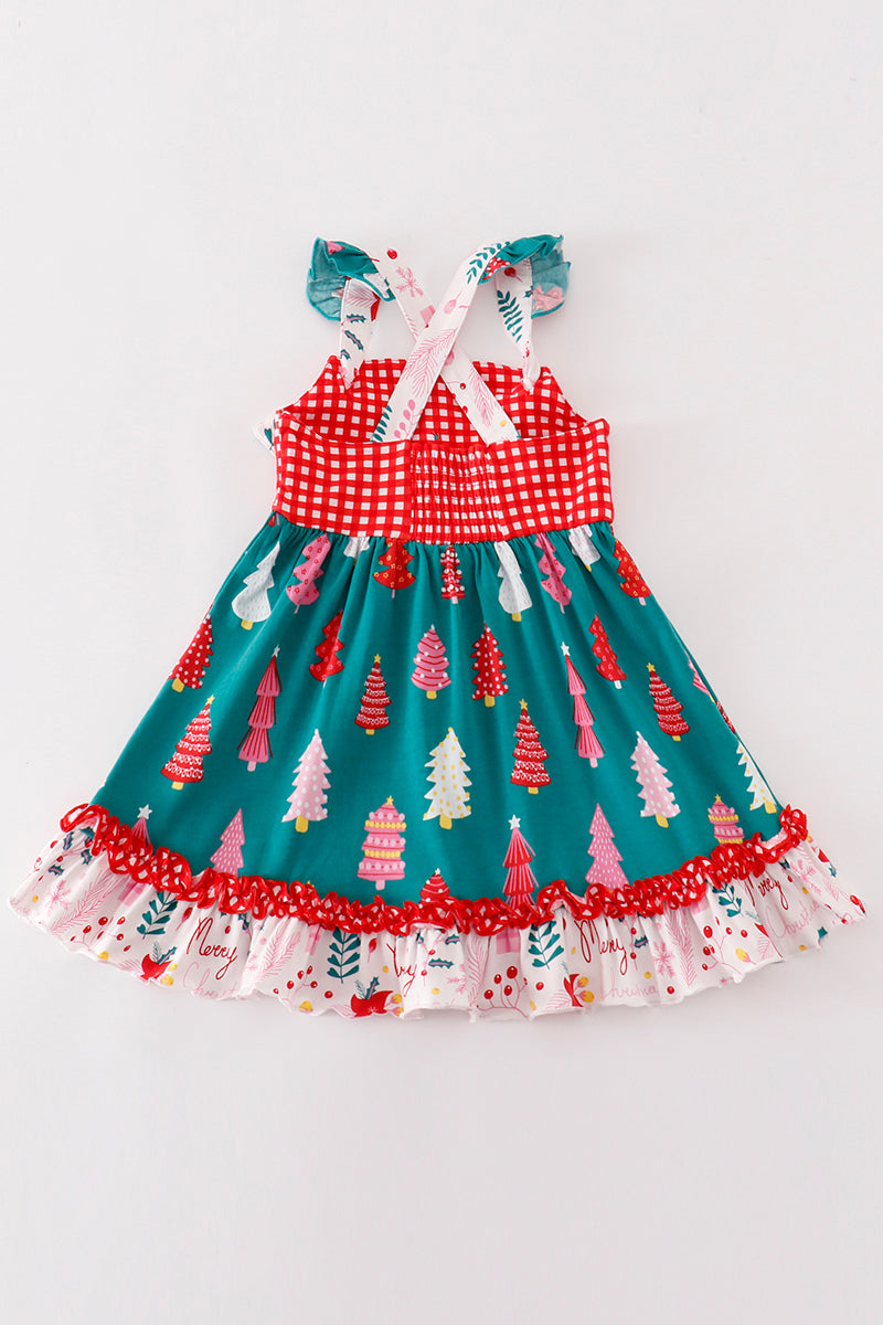 Red christmas tree plaid ruffle dress