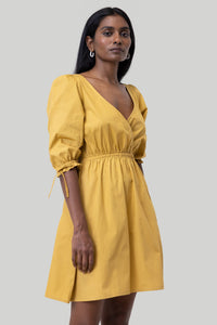 Reistor-Reistor Gathered Elbow Sleeve Short Dress in Mustard-Whoopsie Daisy