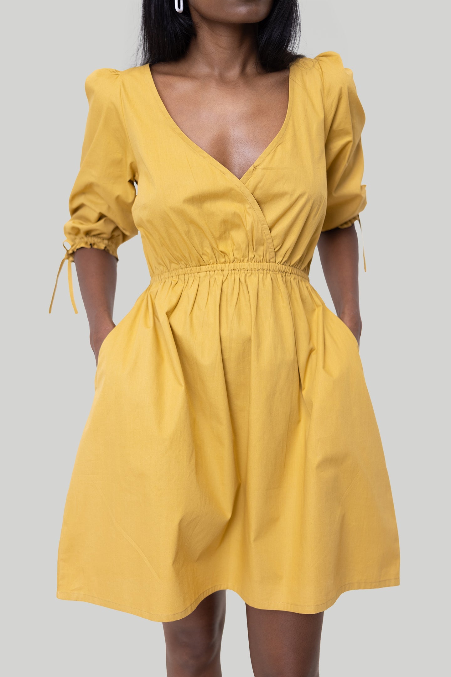 Reistor-Reistor Gathered Elbow Sleeve Short Dress in Mustard-Whoopsie Daisy