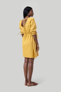 Reistor-Reistor Gathered Elbow Sleeve Short Dress in Mustard-Whoopsie Daisy