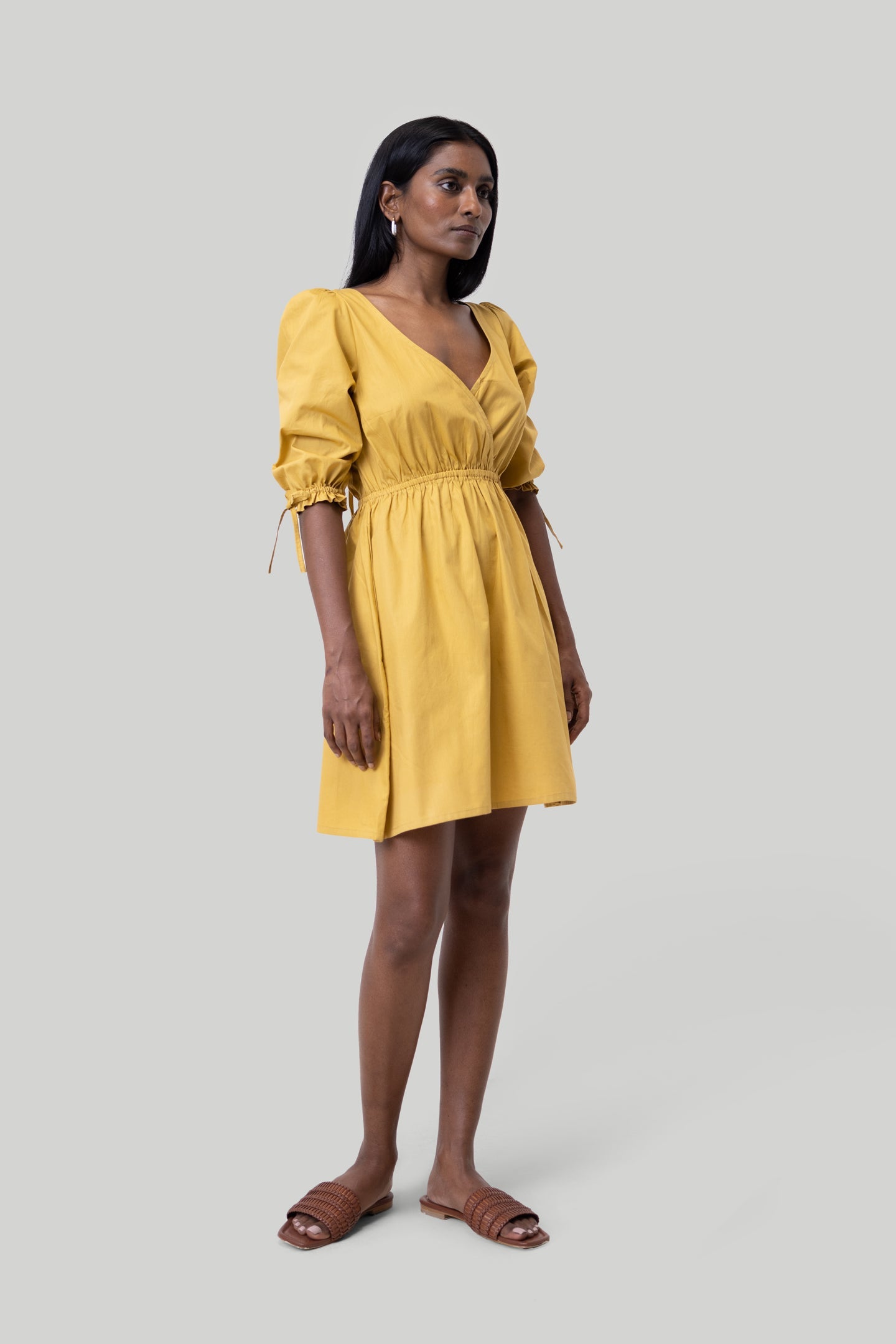 Reistor-Reistor Gathered Elbow Sleeve Short Dress in Mustard-Whoopsie Daisy