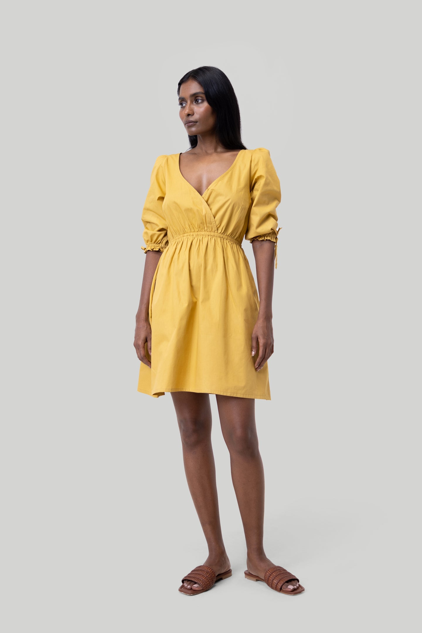 Reistor-Reistor Gathered Elbow Sleeve Short Dress in Mustard-Whoopsie Daisy