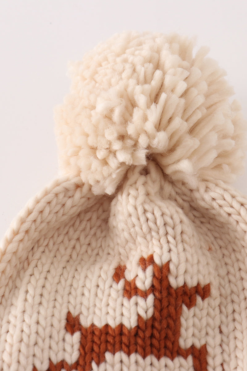 Beige Pompom Reindeer Cable Beanie