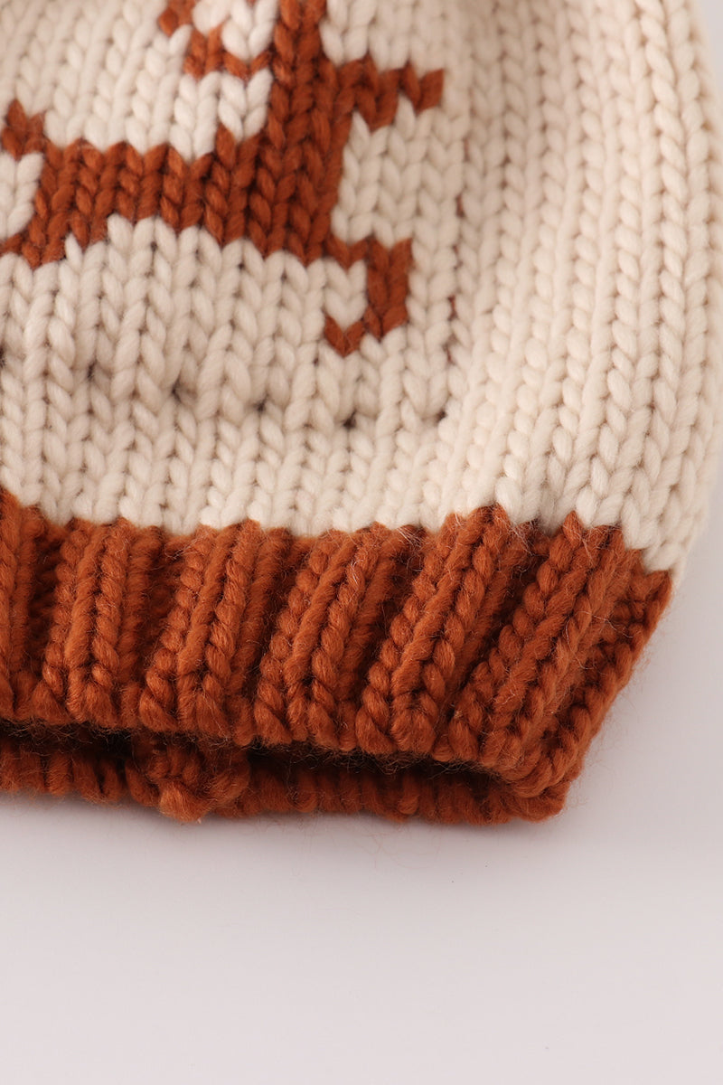 Beige Pompom Reindeer Cable Beanie