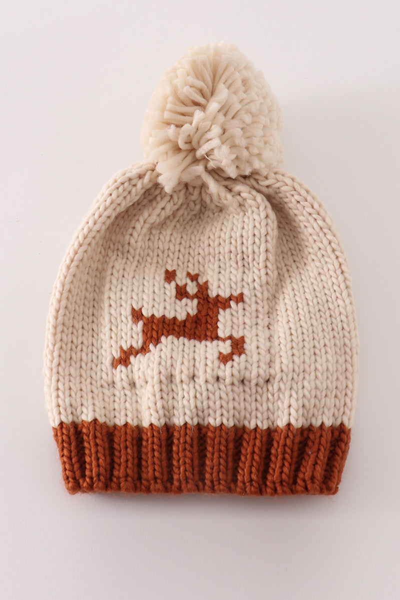 Beige Pompom Reindeer Cable Beanie