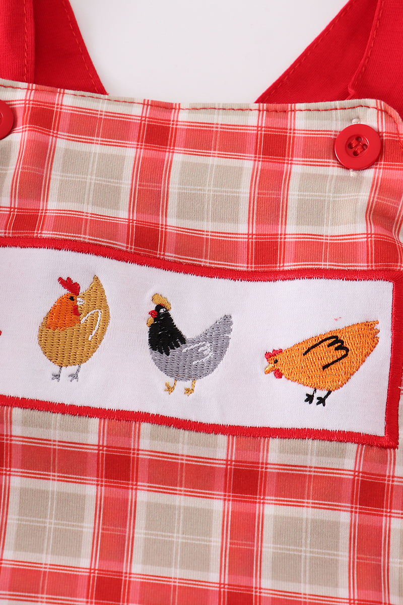 Red chicken embroidery plaid boy bubble