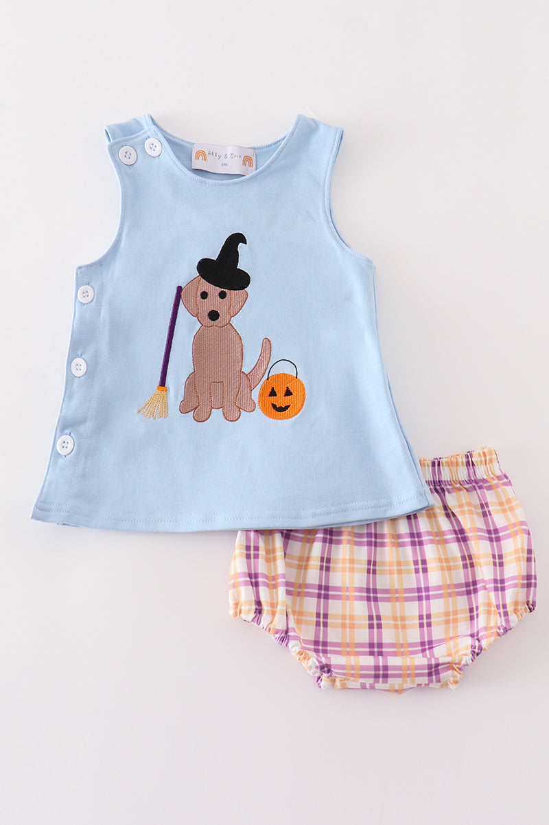 Blue Halloween Witch Dog Embroidery Baby Boy Set